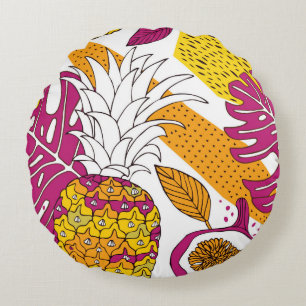 Tropical flowers and fruits,bright exotic print round cushion
