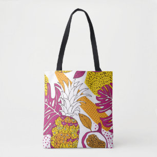 Tropical flowers and fruits,bright exotic print tote bag