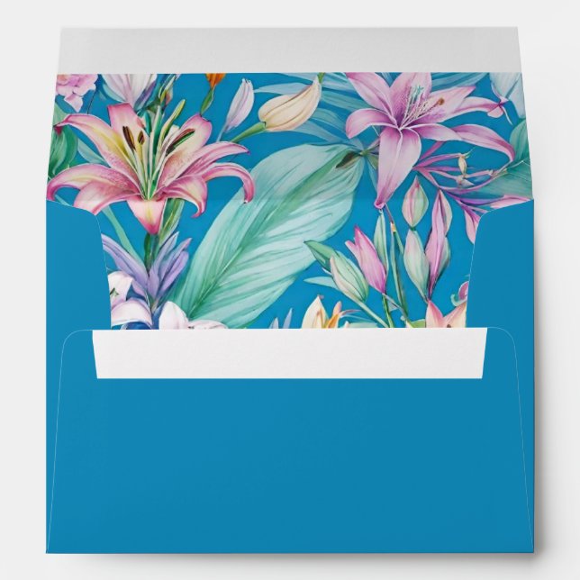 Tropical Flowers and Greenery Beach Wedding Envelope (Back (Bottom))
