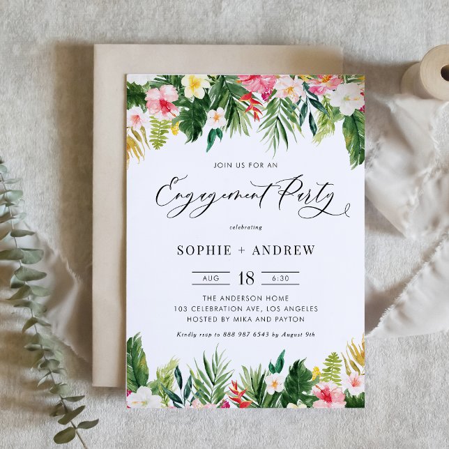 Tropical Flowers and Greenery Engagement Party Invitation (Watercolor Tropical Flowers and Greenery Engagement Party Invitation)