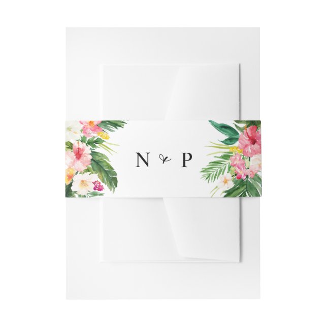 Tropical Flowers and Greenery Wedding Monogram Invitation Belly Band (Front Example)