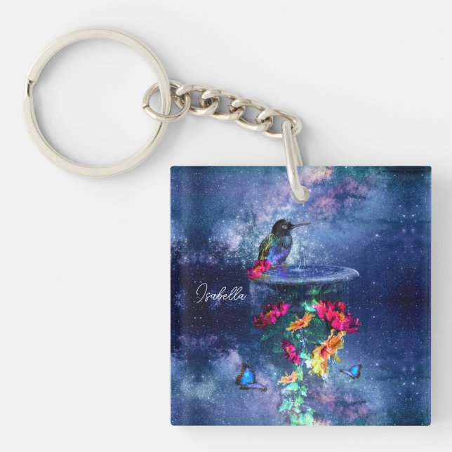 Tropical flowers and hummingbird  key ring (Front)