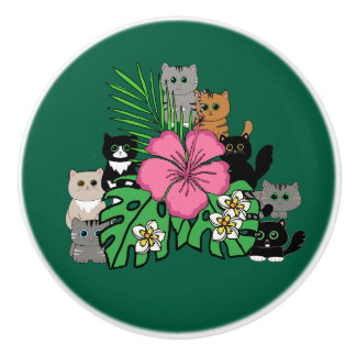 Tropical Flowers and Kawaii Cats Ceramic Pull