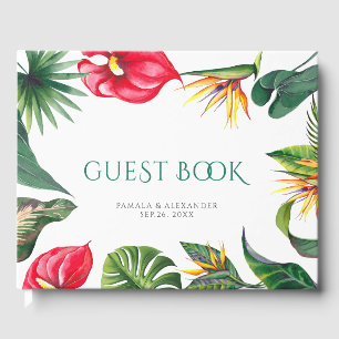 Tropical Flowers and Leaves Elegant Wedding Guest Book