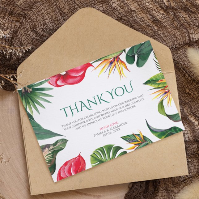 Tropical Flowers and Leaves Elegant Wedding Thank You Card (Creator Uploaded)