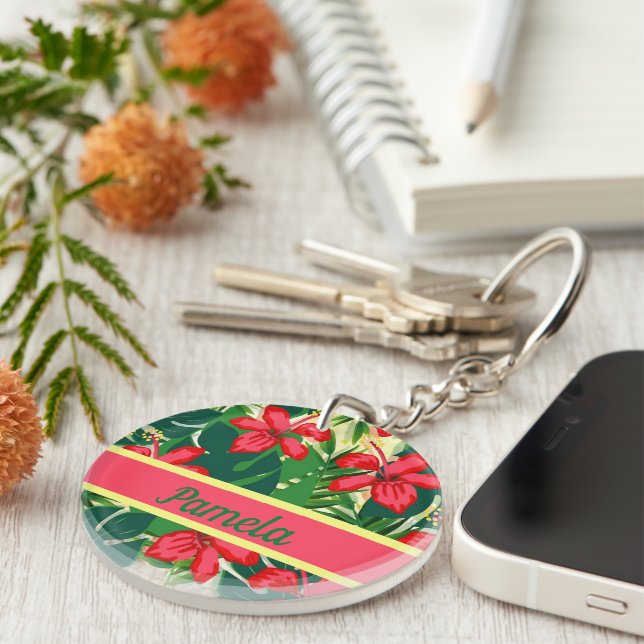 Tropical flowers and leaves key ring (Front Right)