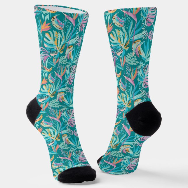 Tropical flowers and leaves pattern socks (Angled)