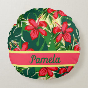 Tropical flowers and leaves round cushion