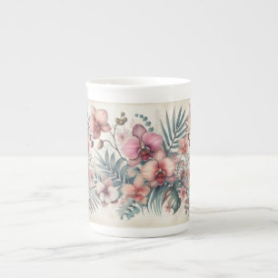 Tropical flowers and leaves watercolor bone china mug