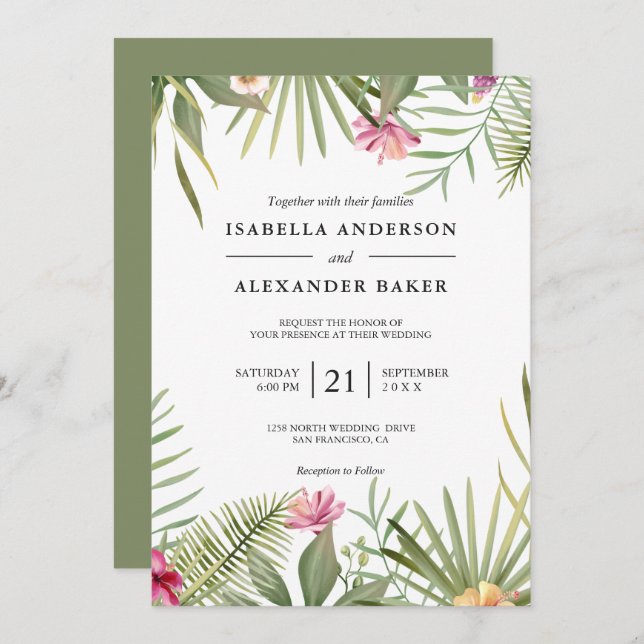 Tropical Flowers And Leaves Wedding Invitation (Front/Back)