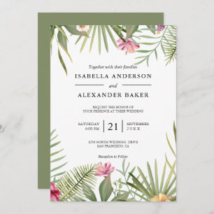 Tropical Flowers And Leaves Wedding Invitation