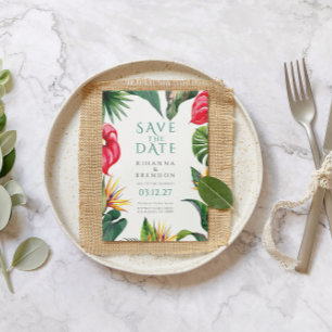 Tropical Flowers and Leaves Wedding Save the Date Invitation