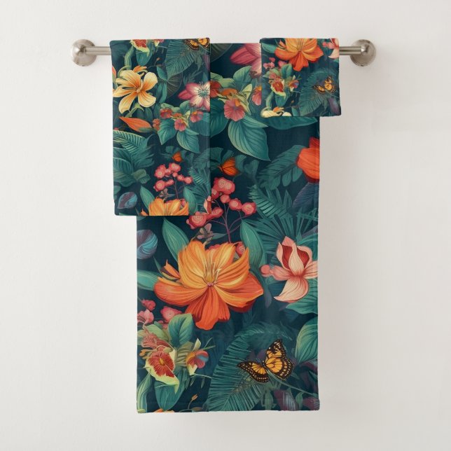 Tropical Flowers and Leaves with Butterflies Bath Towel Set (Insitu)
