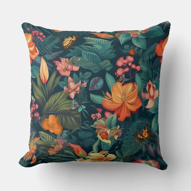 Tropical Flowers and Leaves with Butterflies Cushion (Front)