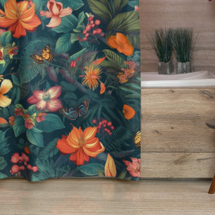 Tropical Flowers and Leaves with Butterflies Shower Curtain