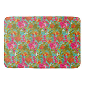 Tropical flowers and leopard print shower curtain bath mat
