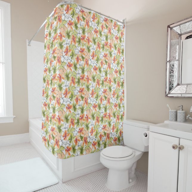 Tropical Flowers and Line Art Shower Curtain (In Situ)