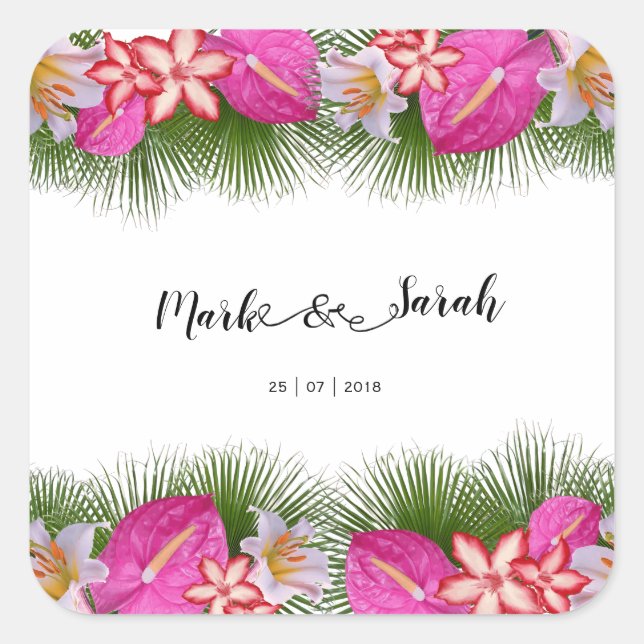 Tropical Flowers and Palm Leaves Calligraphy Square Sticker (Front)
