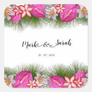Tropical Flowers and Palm Leaves Calligraphy Square Sticker