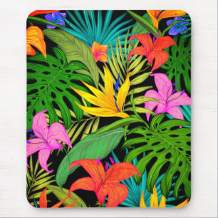 Tropical flowers and palm leaves mouse pad