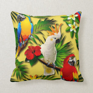 Tropical Flowers and Parrots Throw Pillow