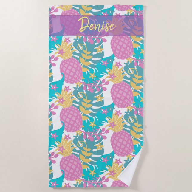 Tropical flowers and pineapples beach towel (Front)