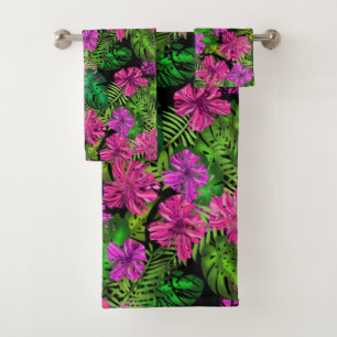 Tropical flowers and plants on black  bath towel set