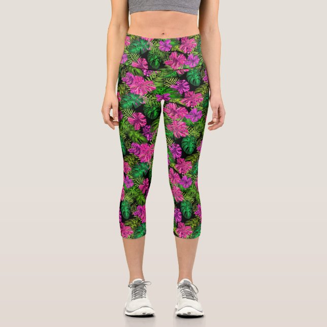Tropical flowers and plants on black capri leggings (Front)