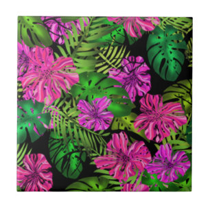 Tropical flowers and plants on black  ceramic tile
