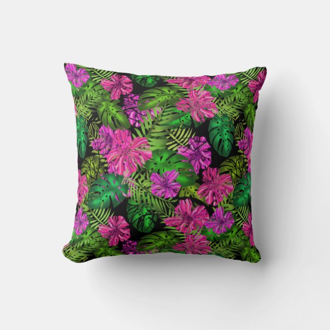Tropical flowers and plants on black cushion (Front)