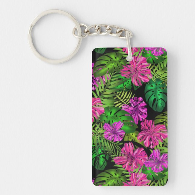 Tropical flowers and plants on black  key ring (Front)