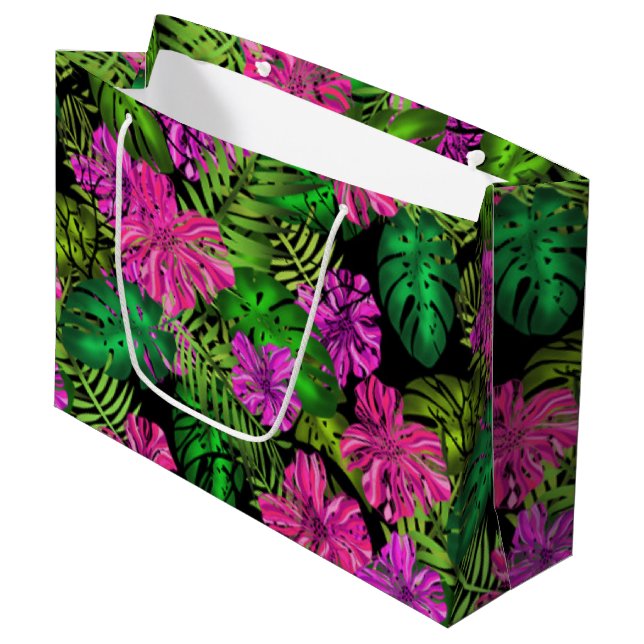 Tropical flowers and plants on black  large gift bag (Front Angled)