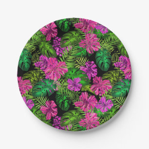 Tropical flowers and plants on black  paper plate