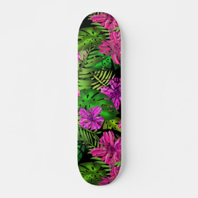 Tropical flowers and plants on black skateboard (Front)