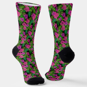 Tropical flowers and plants on black socks