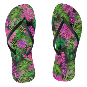 Tropical flowers and plants on black  thongs