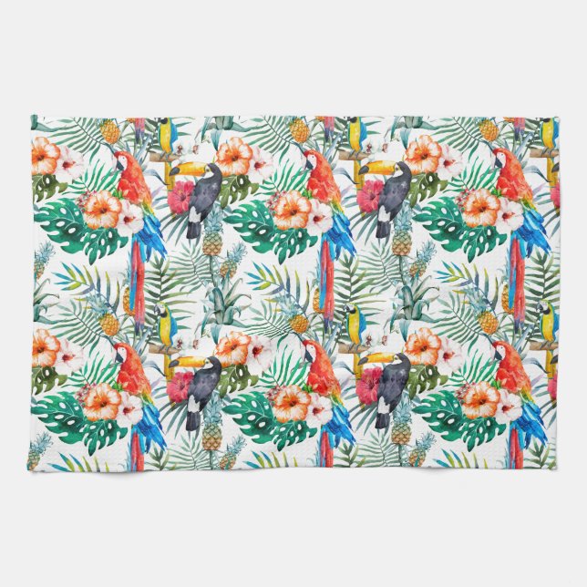 Tropical Flowers and Toucan  Tea Towel (Horizontal)