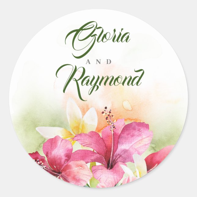 Tropical Flowers Beach Wedding Classic Round Sticker (Front)