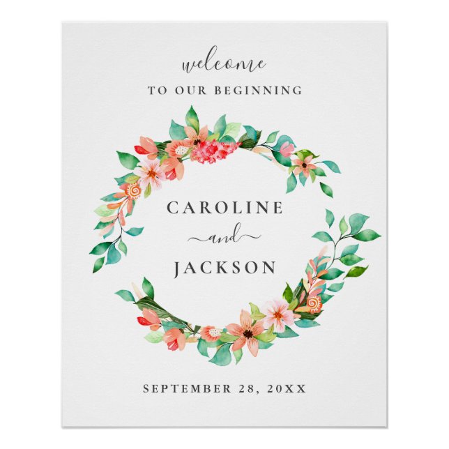 Tropical Flowers Beach Wedding Welcome Sign Poster (Front)