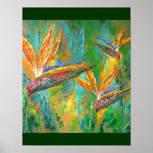 Tropical Flowers Birds Of Paradise Painting Poster