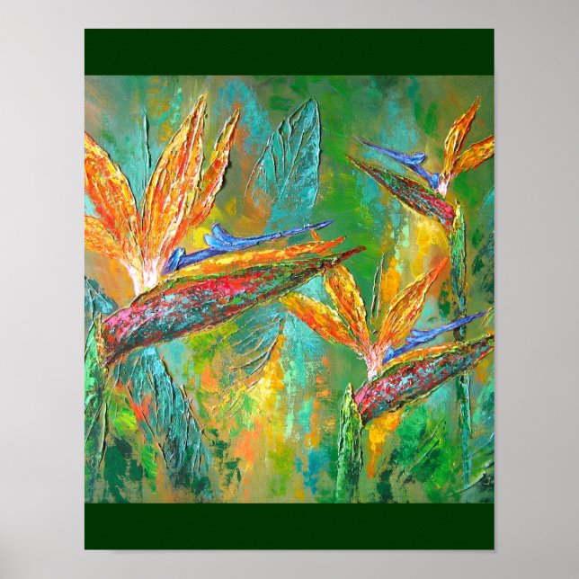 Tropical Flowers Birds Of Paradise Painting Poster (Front)