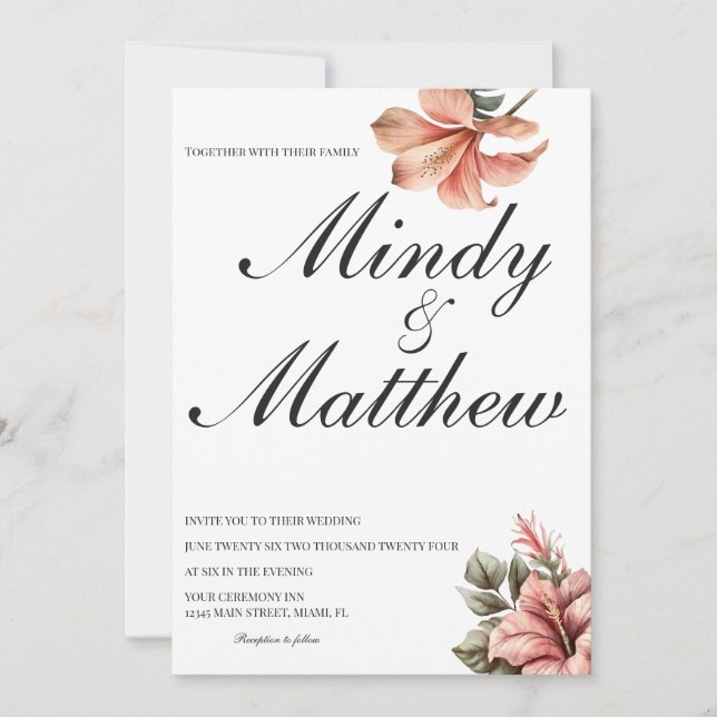 Tropical Flowers Black and White Script Wedding Invitation (Front)