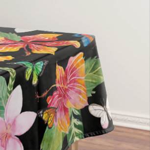 Tropical Flowers Black Tablecloth