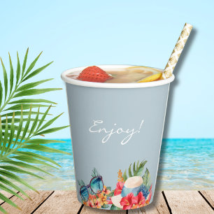 Tropical Flowers Blue Beach Bridal Shower Paper Cups