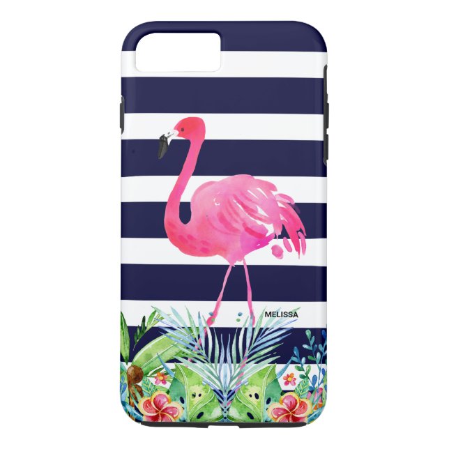 Tropical flowers blue strioes & pink flamingo Case-Mate iPhone case (Back)