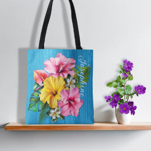 Tropical Flowers Blue Wood Personalised AOP Tote Bag
