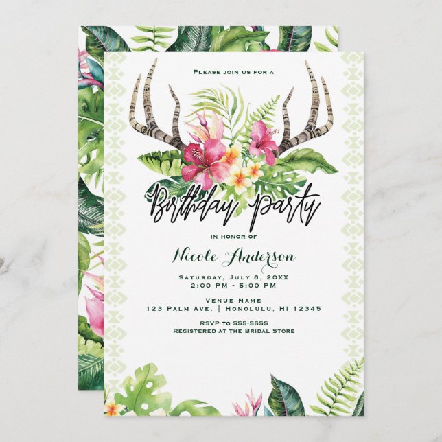 Tropical Flowers Boho Rustic Antler Birthday Party Invitation (Front/Back)