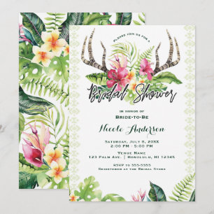 Tropical Flowers Boho Rustic Antler Bridal Shower Invitation
