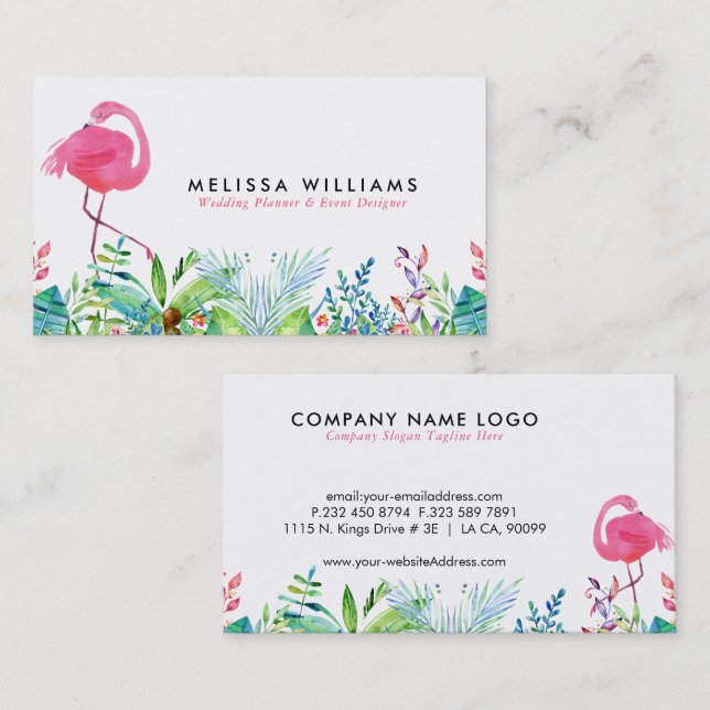 Tropical Flowers Border & Pink Flamingos Business Card (Front/Back)