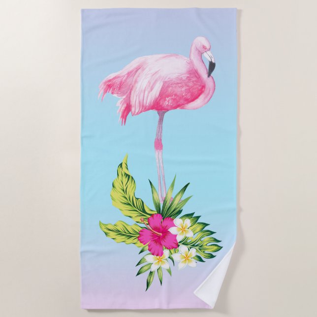 Tropical Flowers Bouquet & Pink Flamingo Beach Towel (Front)